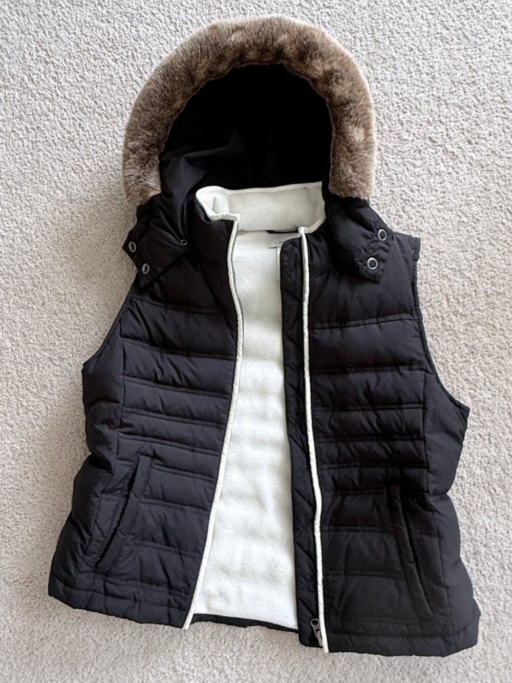 Ann Taylor Loft black down hooded vest, size Medium